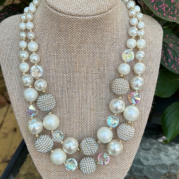 Vendome Vintage Faux Pearl & AB Crystal Necklace and Matching Cluster Clip Ons - Picture 16 of 16